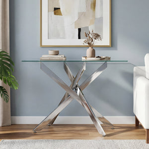 Glass Console Table Modern Entryway Table with Clear Tempered Glass Top-Silver view 2
