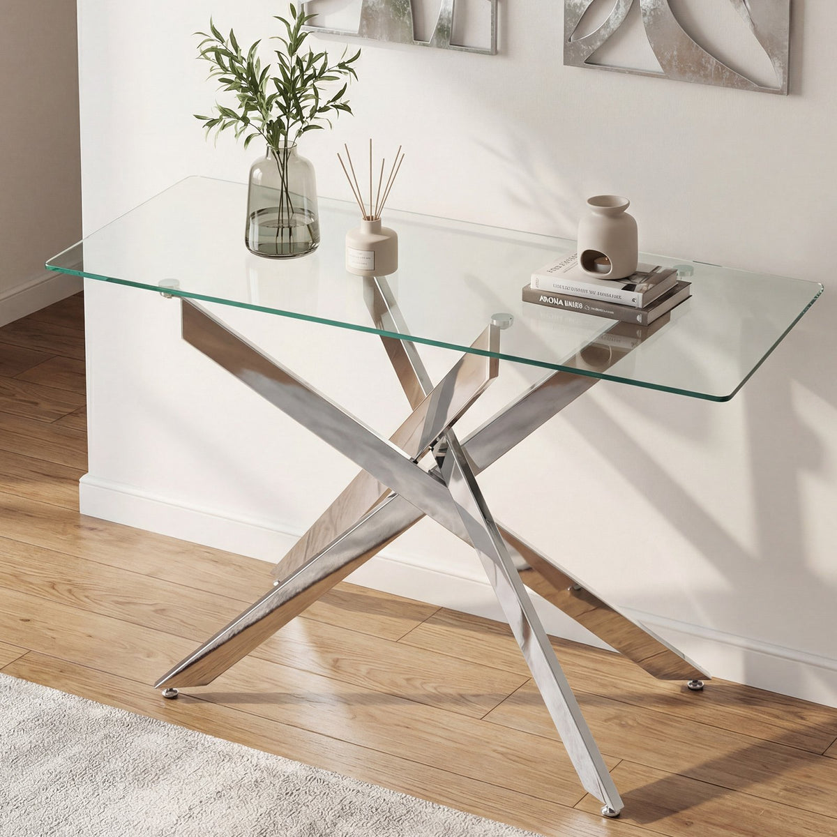 Glass Console Table Modern Entryway Table with Clear Tempered Glass Top-Silver view 3
