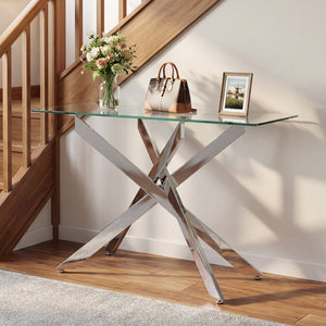 Glass Console Table Modern Entryway Table with Clear Tempered Glass Top-Silver view 6