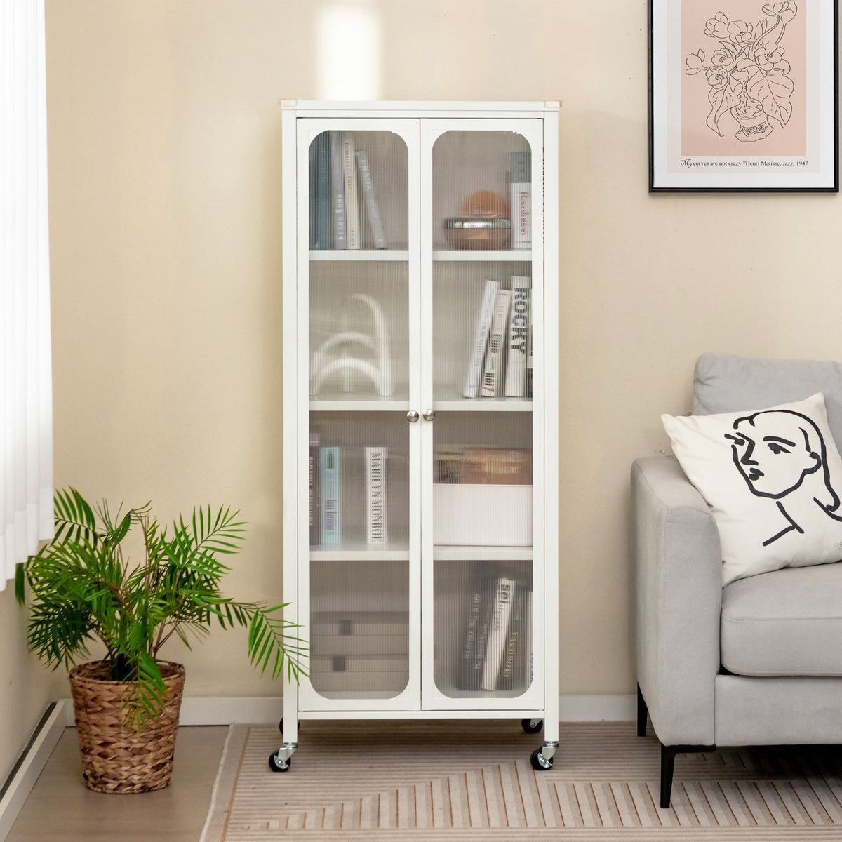 Glass Doors Storage Cabinet with Wheels and Adjustable Shelves-White view 2
