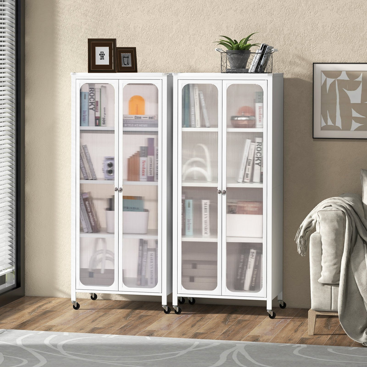 Glass Doors Storage Cabinet with Wheels and Adjustable Shelves-White view 3