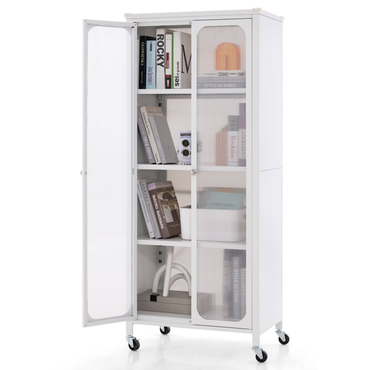 Glass Doors Storage Cabinet with Wheels and Adjustable Shelves-White view 4