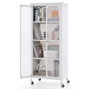 Glass Doors Storage Cabinet with Wheels and Adjustable Shelves-White view 4