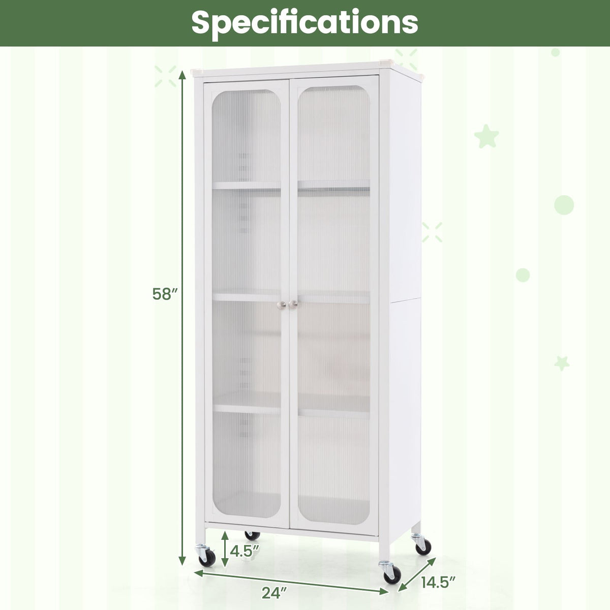 Glass Doors Storage Cabinet with Wheels and Adjustable Shelves-White view 5