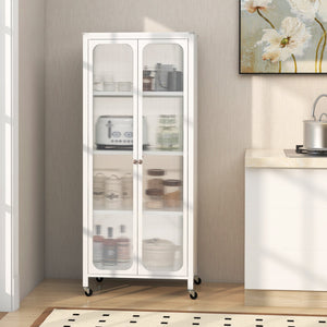 Glass Doors Storage Cabinet with Wheels and Adjustable Shelves-White view 6