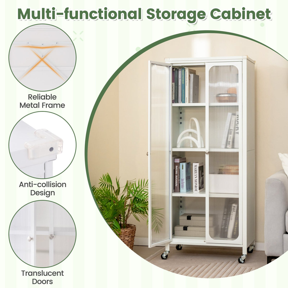 Glass Doors Storage Cabinet with Wheels and Adjustable Shelves-White view 7