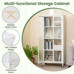 Glass Doors Storage Cabinet with Wheels and Adjustable Shelves-White view 7
