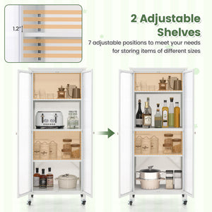 Glass Doors Storage Cabinet with Wheels and Adjustable Shelves-White view 8