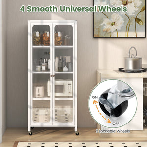 Glass Doors Storage Cabinet with Wheels and Adjustable Shelves-White view 9