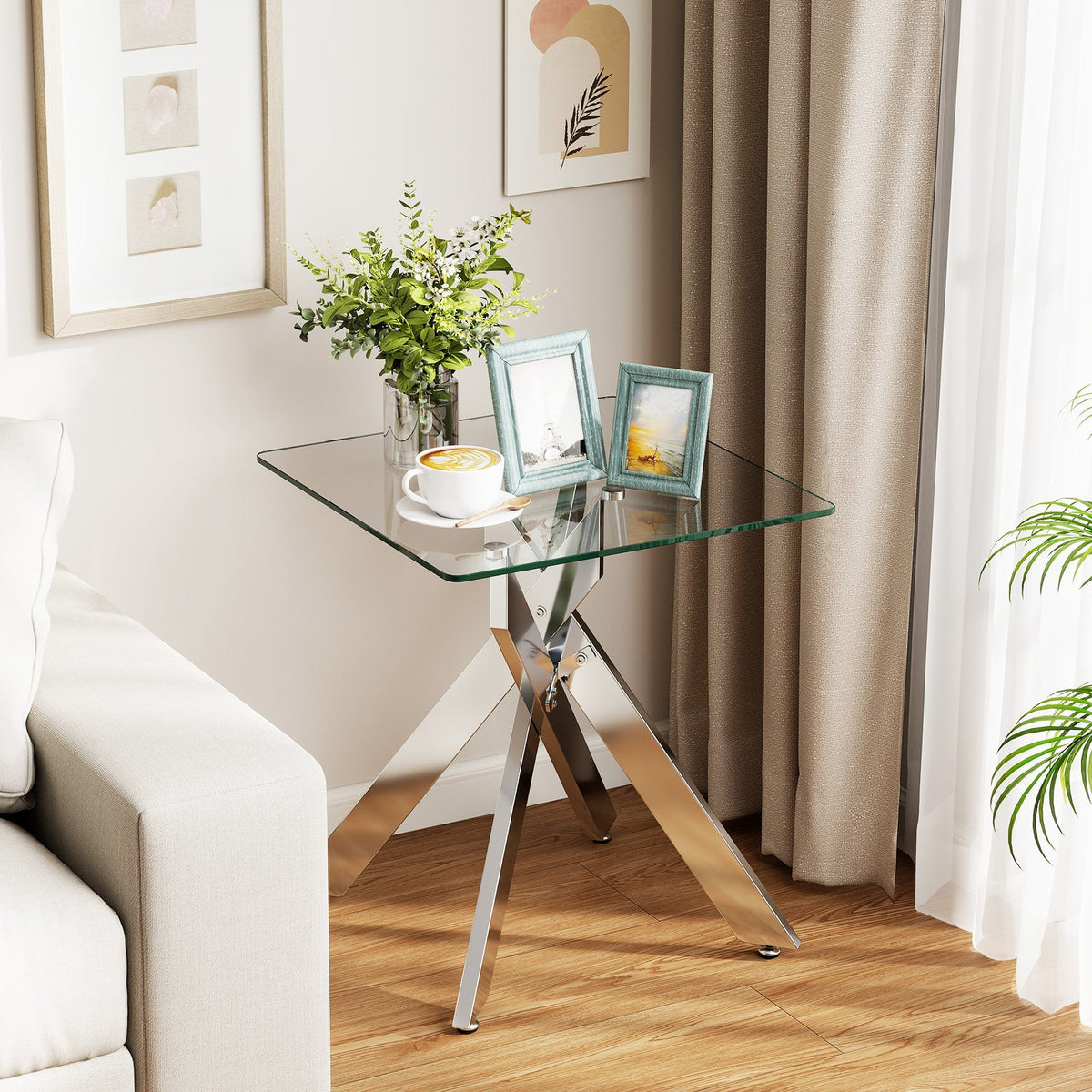 Glass Side Table Square End Table with Tempered Glass Top and Metal X Base-Silver view 2