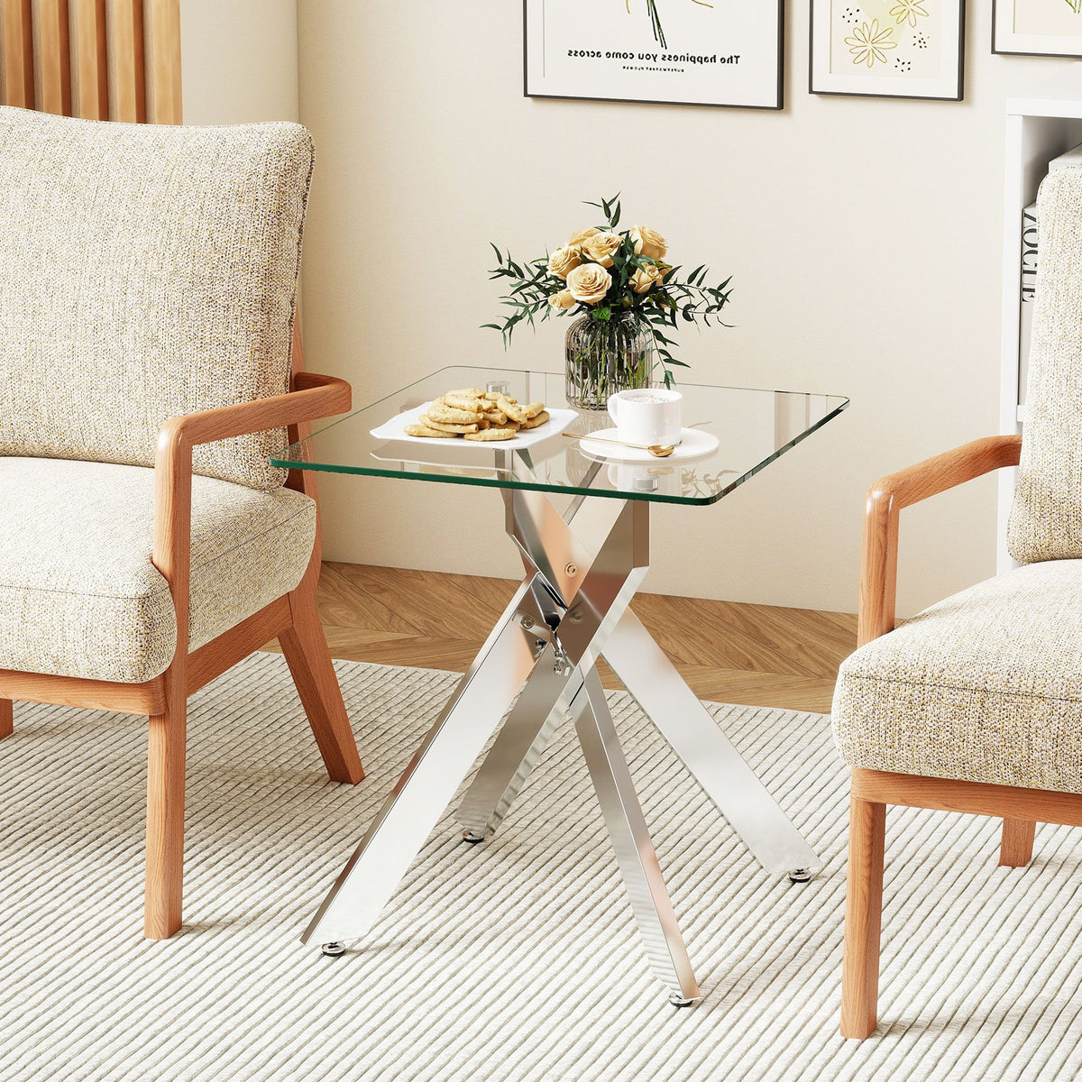 Glass Side Table Square End Table with Tempered Glass Top and Metal X Base-Silver view 3