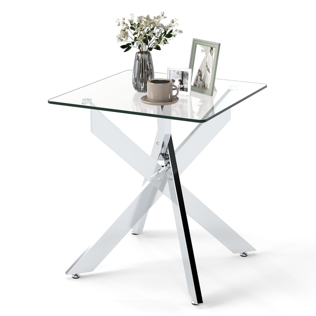 Glass Side Table Square End Table with Tempered Glass Top and Metal X Base-Silver view 4