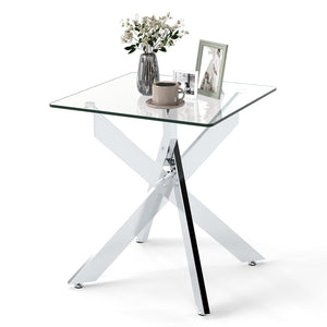 Glass Side Table Square End Table with Tempered Glass Top and Metal X Base-Silver view 4