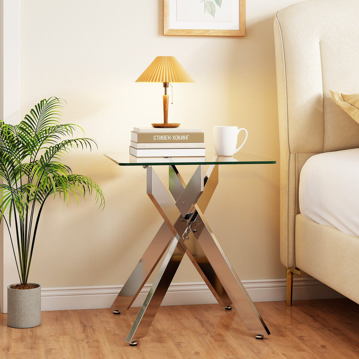 Glass Side Table Square End Table with Tempered Glass Top and Metal X Base-Silver view 6
