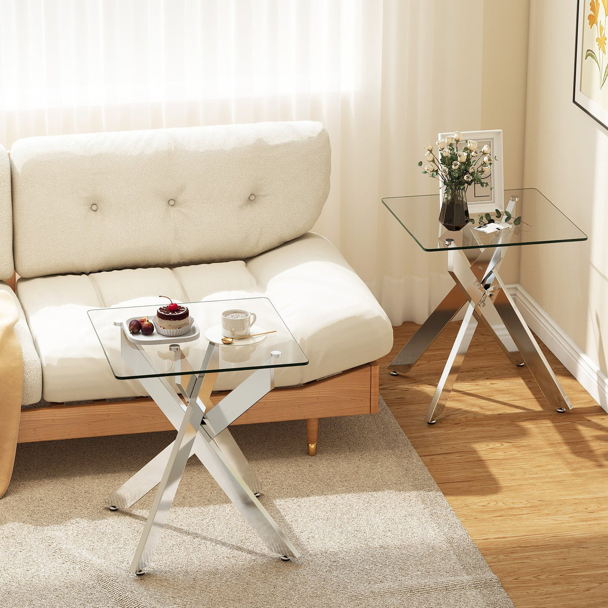 Glass Side Table Square End Table with Tempered Glass Top and Metal X Base-Silver view 7
