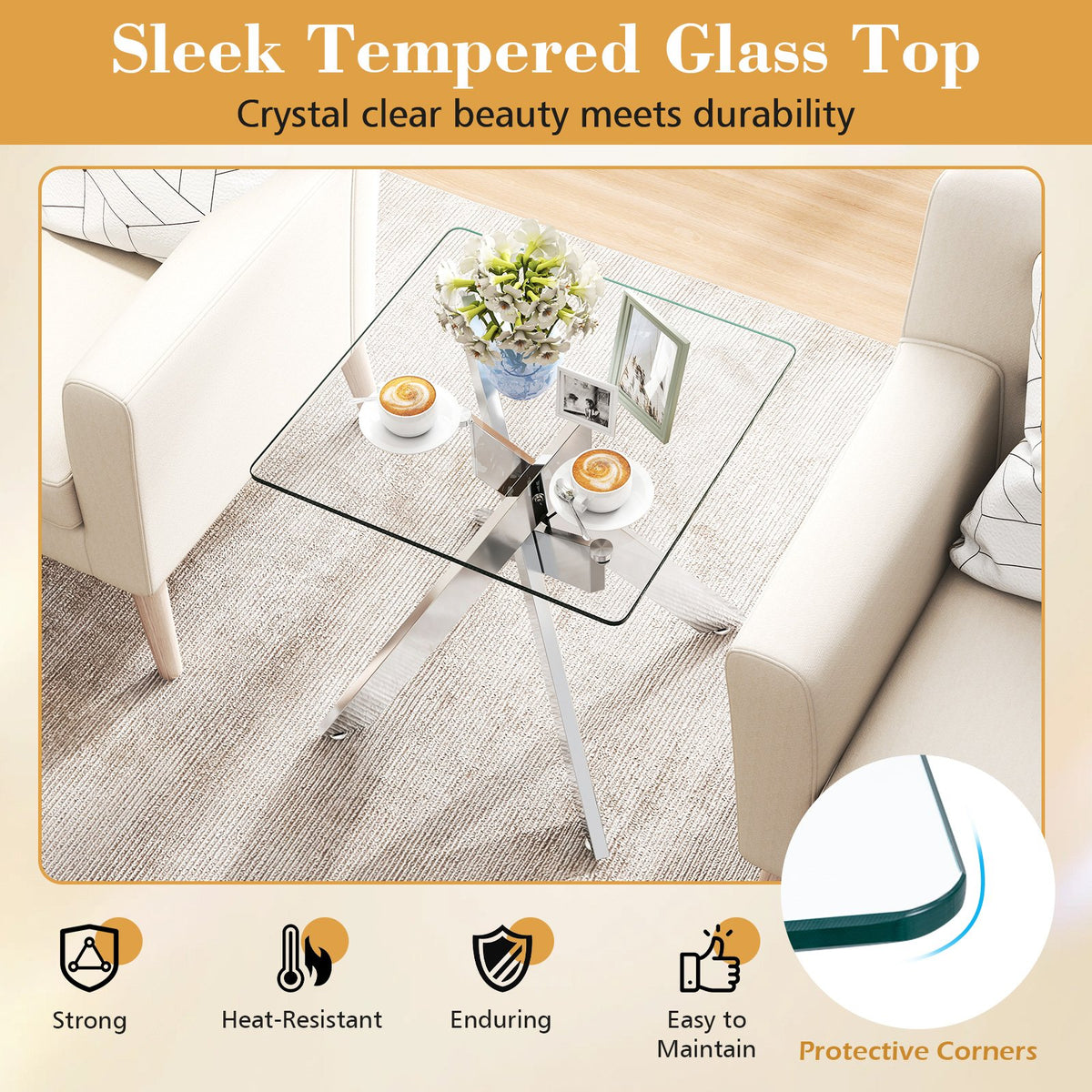 Glass Side Table Square End Table with Tempered Glass Top and Metal X Base-Silver view 8