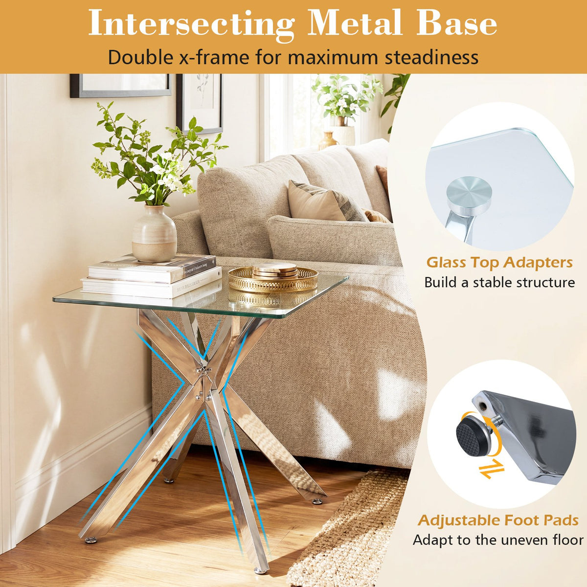Glass Side Table Square End Table with Tempered Glass Top and Metal X Base-Silver view 9