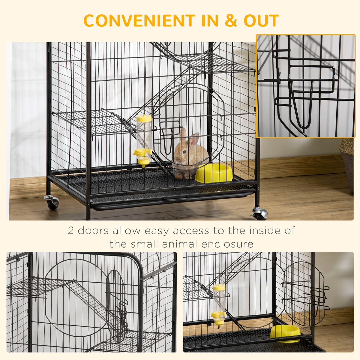 Rolling Small Animal Cage 36.6" Pet Rabbit Ferret Playpen, Animal Supply Kit Metal Black for Bunny, Pet Mink, Chinchilla