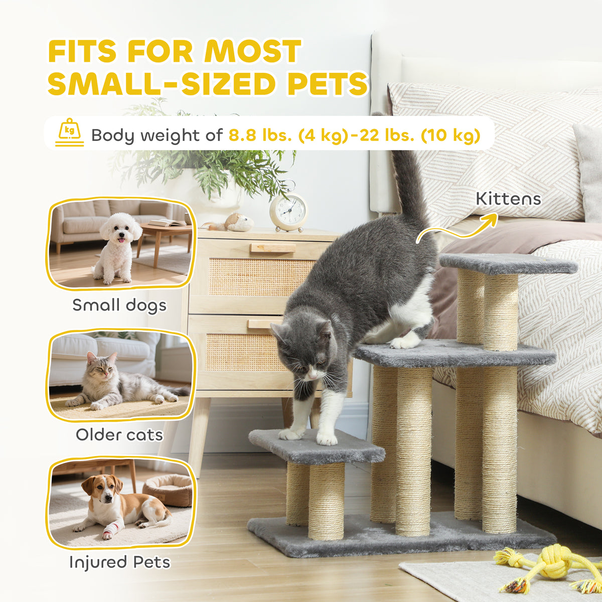Cat Stairs with 2 Sisal Scratching Post for High Bed Couch, Adjustable 3-Tier Pet Stairs, White & Grey