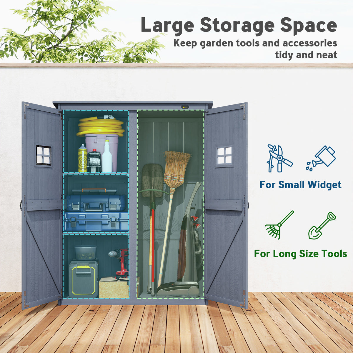 4x1.5ft Wooden Garden Storage Shed, Outdoor Tool Cabinet Organizer with Windows and Double Door, Nature Wood