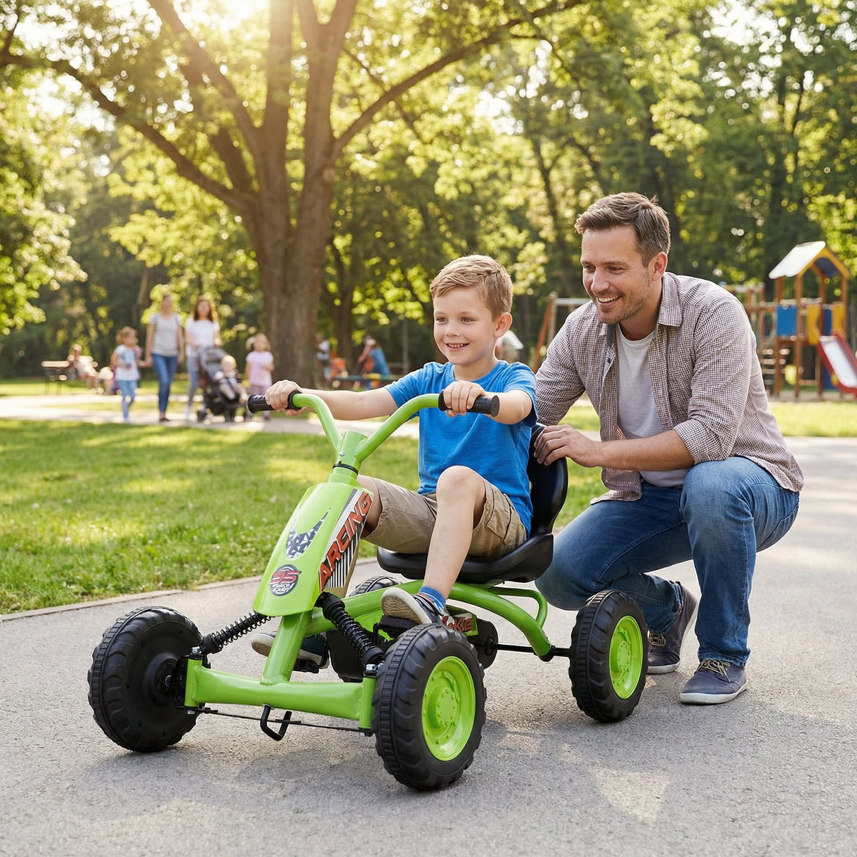 Go Kart for Kids 4 Wheel with Steering Handlebars and Adjustable Seat-Green view 2