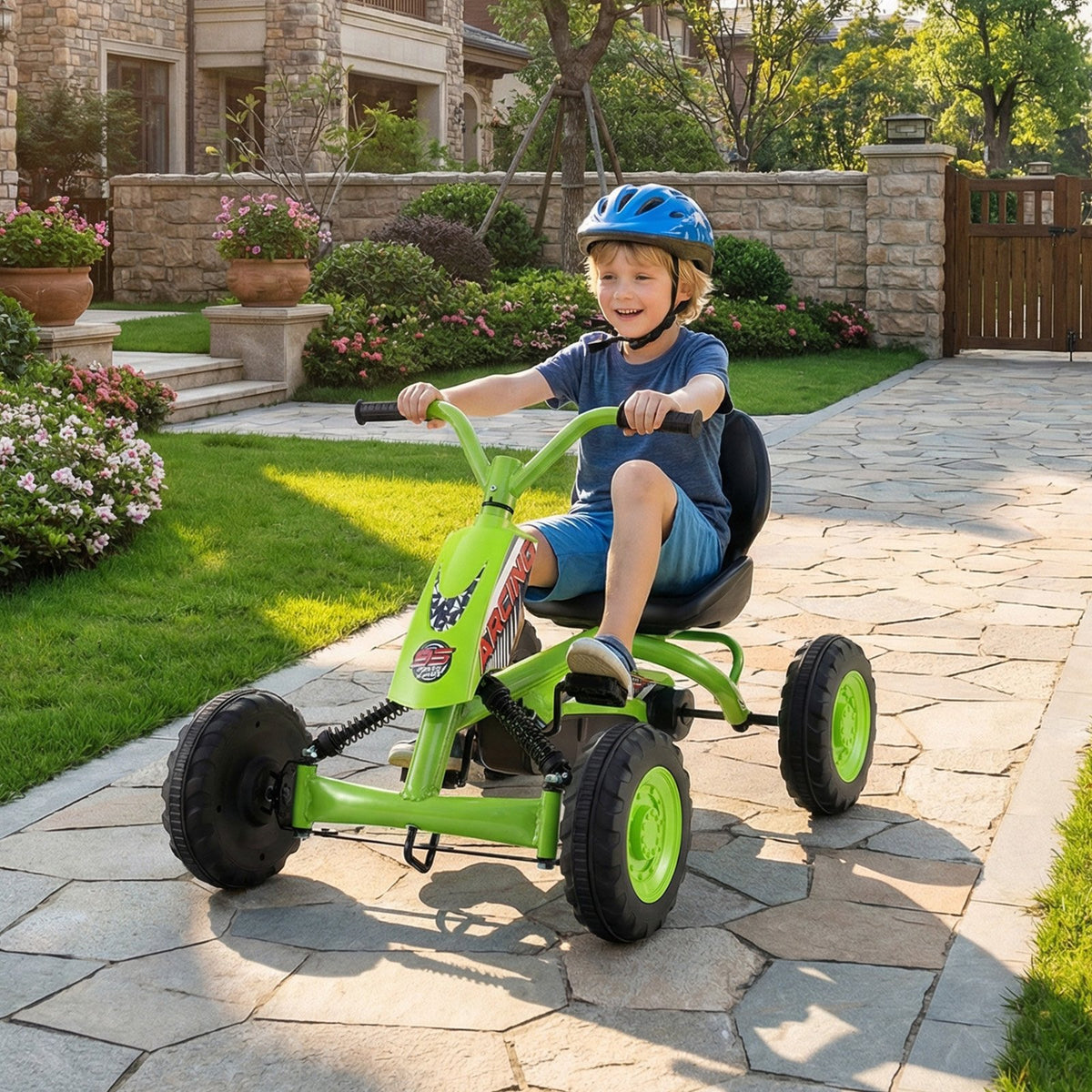 Go Kart for Kids 4 Wheel with Steering Handlebars and Adjustable Seat-Green view 3