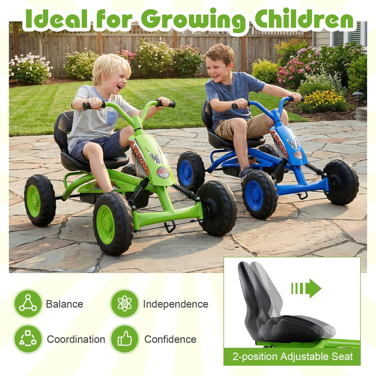 Go Kart for Kids 4 Wheel with Steering Handlebars and Adjustable Seat-Green view 7