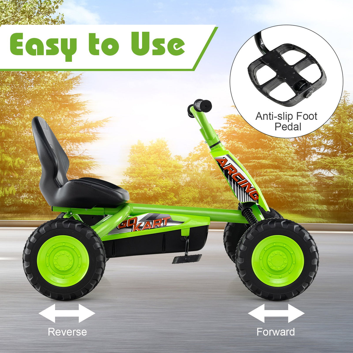 Go Kart for Kids 4 Wheel with Steering Handlebars and Adjustable Seat-Green view 8