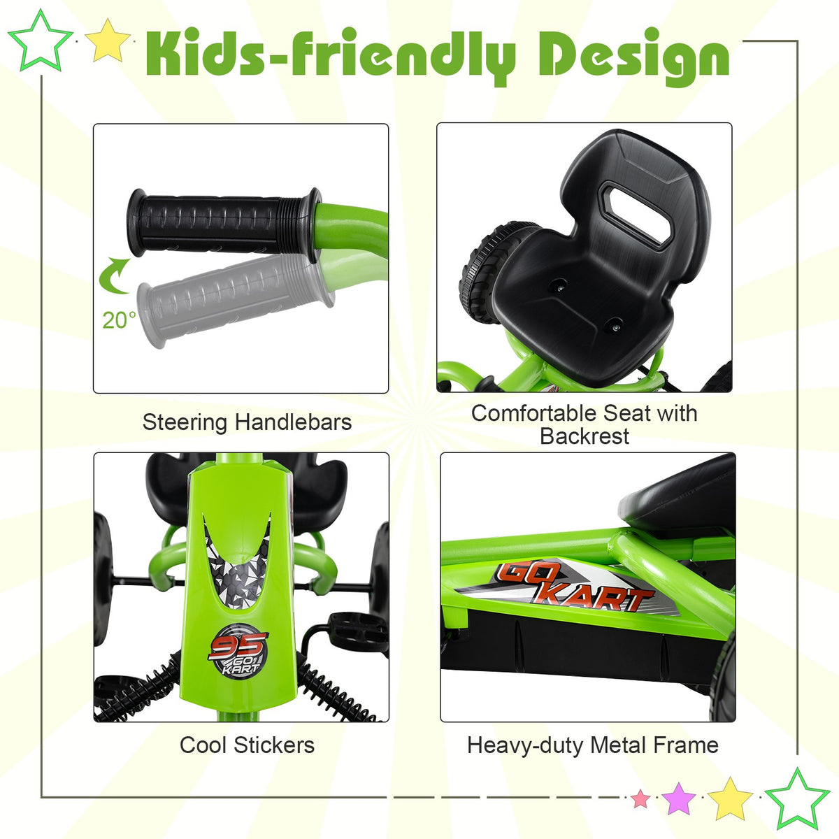 Go Kart for Kids 4 Wheel with Steering Handlebars and Adjustable Seat-Green view 9