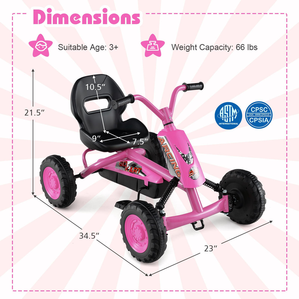 Go Kart for Kids 4 Wheel with Steering Handlebars and Adjustable Seat-Pink view 5