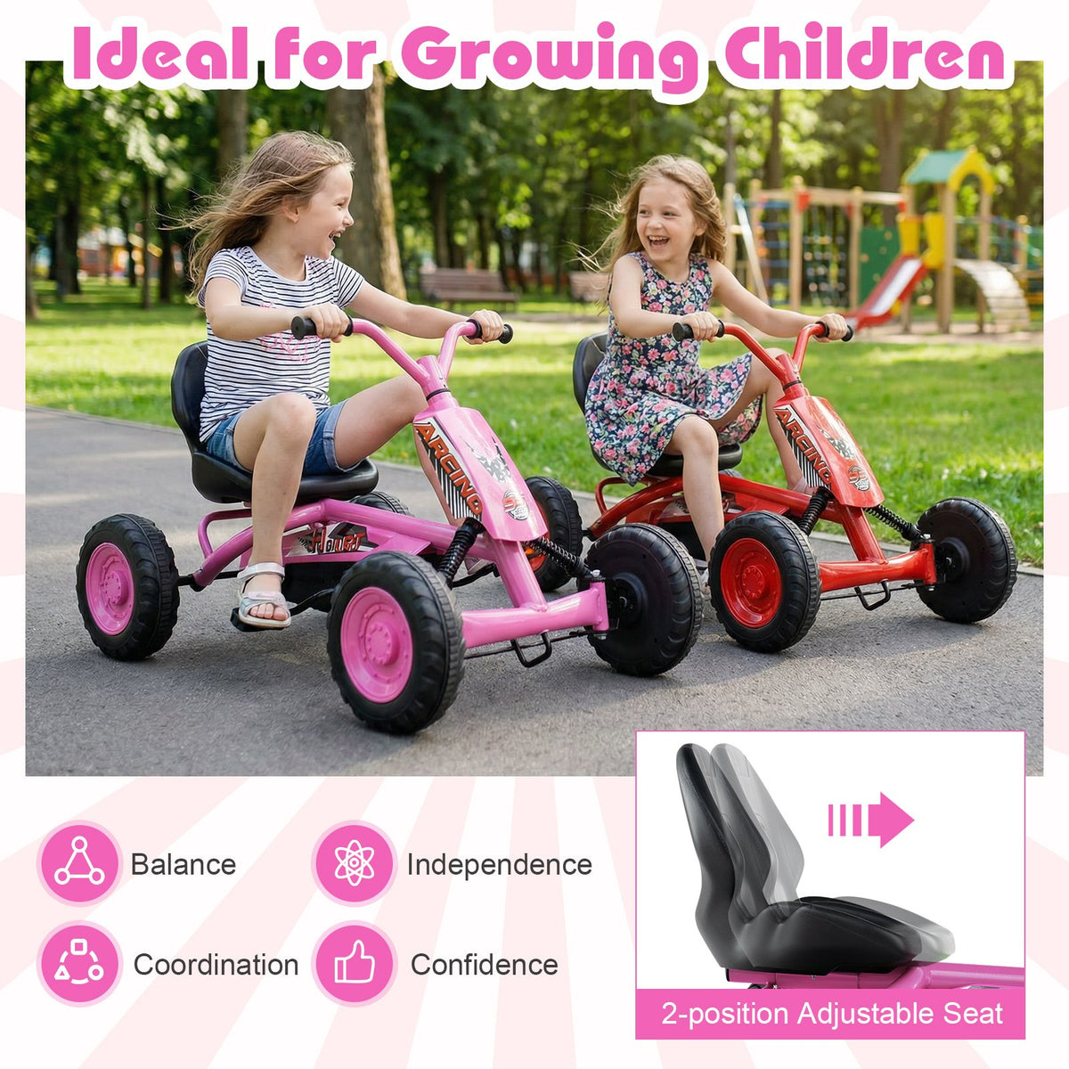Go Kart for Kids 4 Wheel with Steering Handlebars and Adjustable Seat-Pink view 7