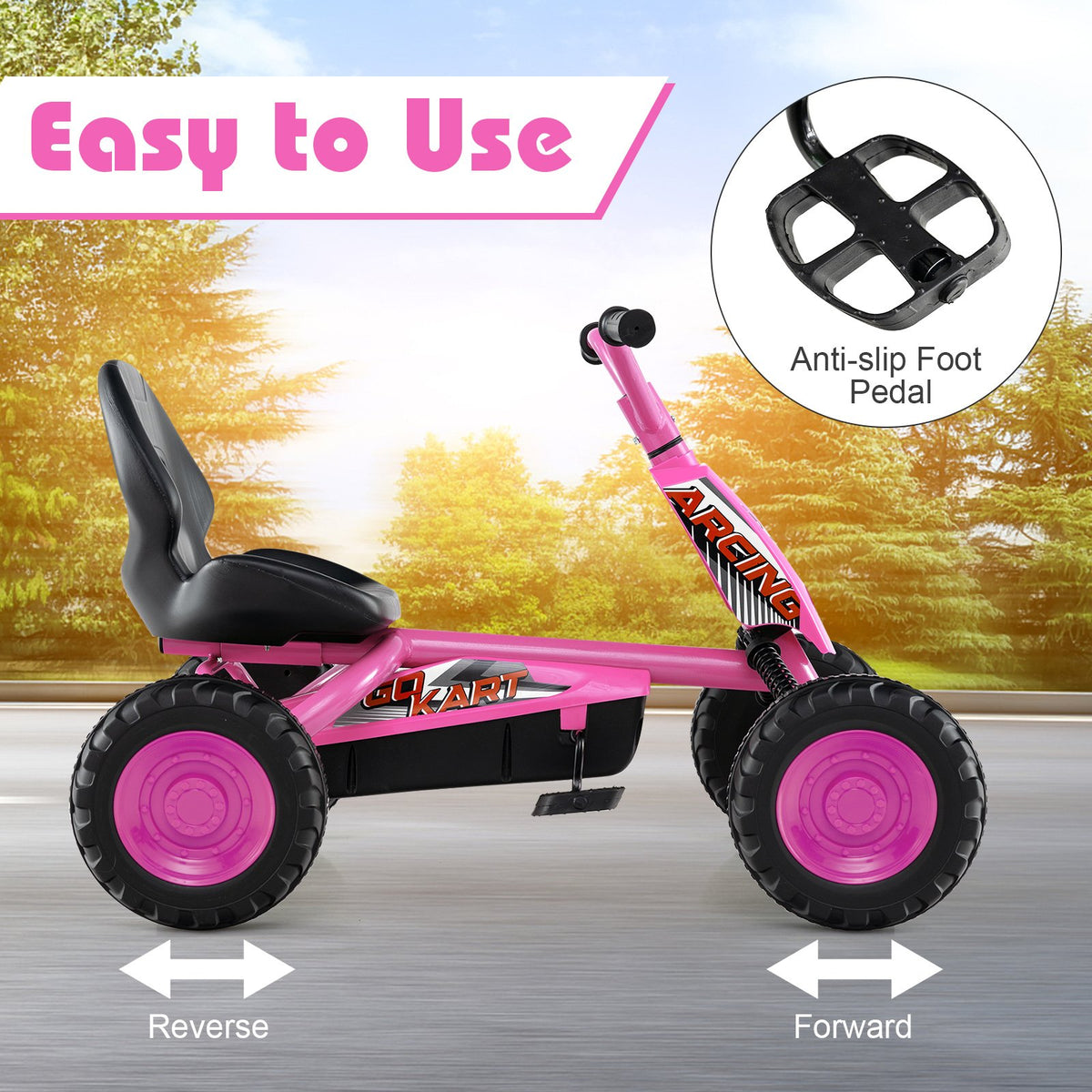 Go Kart for Kids 4 Wheel with Steering Handlebars and Adjustable Seat-Pink view 8
