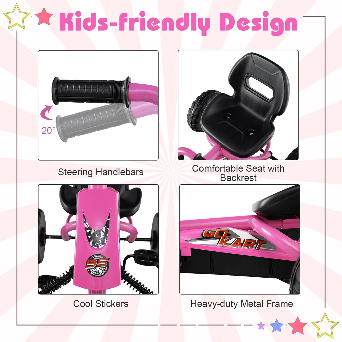 Go Kart for Kids 4 Wheel with Steering Handlebars and Adjustable Seat-Pink view 9