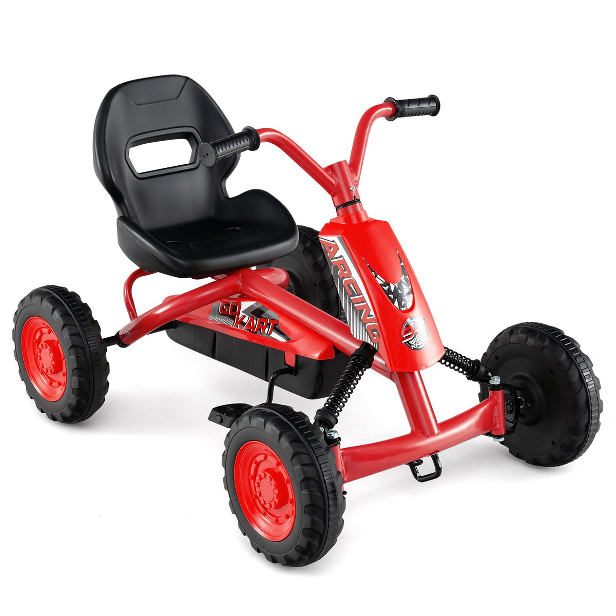 Go Kart for Kids 4 Wheel with Steering Handlebars and Adjustable Seat-Red