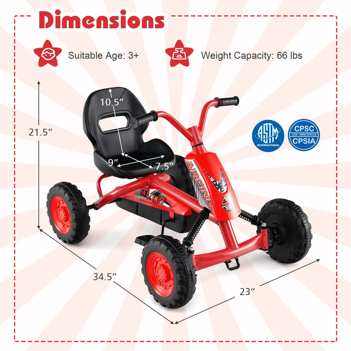 Go Kart for Kids 4 Wheel with Steering Handlebars and Adjustable Seat-Red view 5