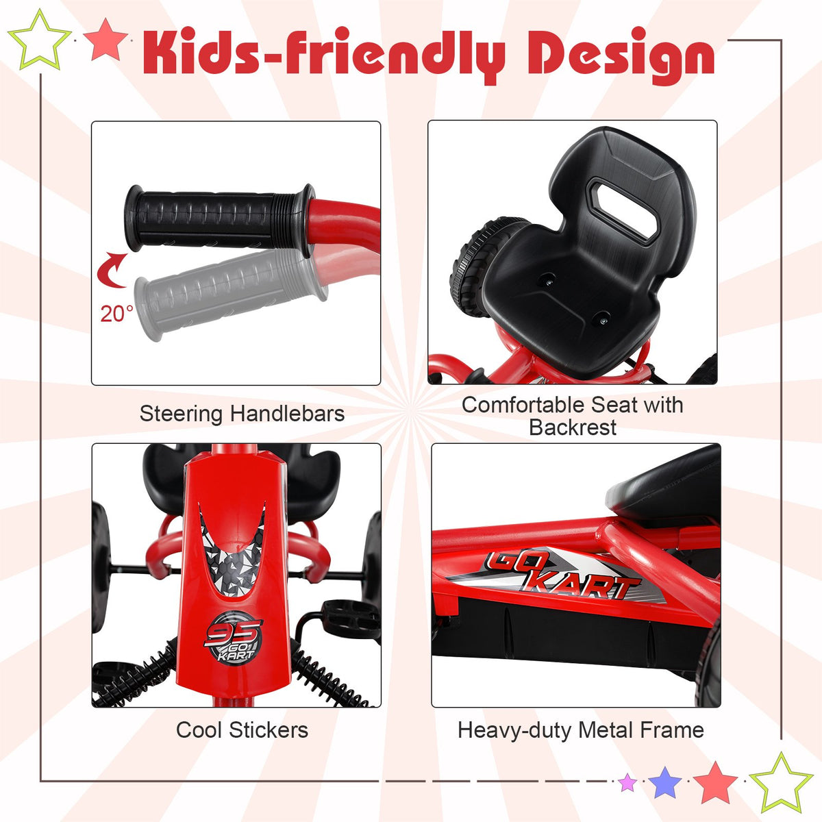 Go Kart for Kids 4 Wheel with Steering Handlebars and Adjustable Seat-Red view 9