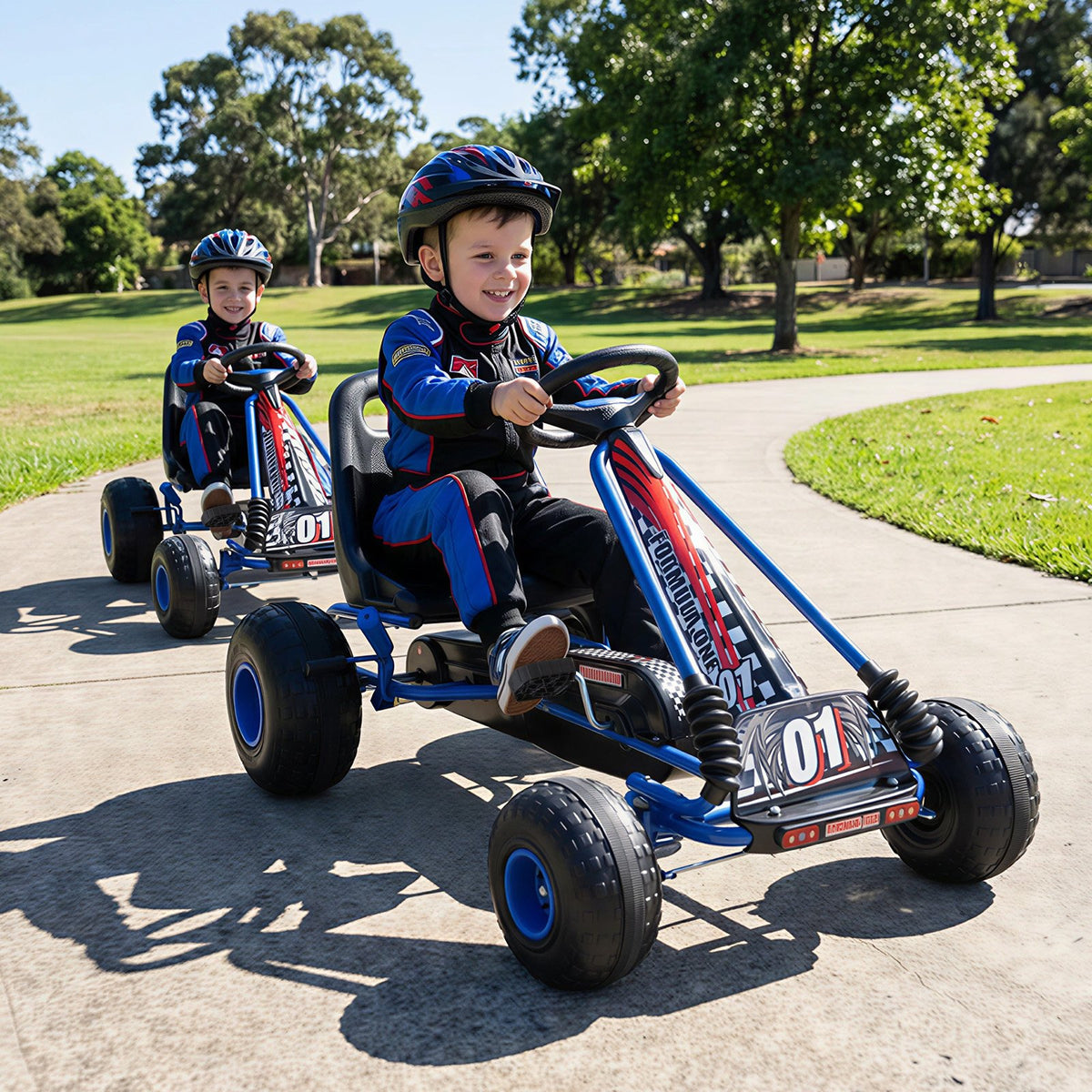Go Kart for Kids 4 Wheels Pedal with Adjustable Seat and Multi-Terrain Wheels-Blue view 3