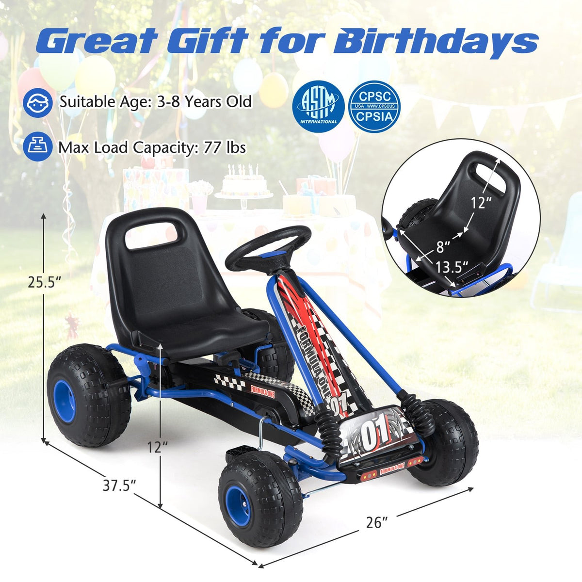 Go Kart for Kids 4 Wheels Pedal with Adjustable Seat and Multi-Terrain Wheels-Blue view 5