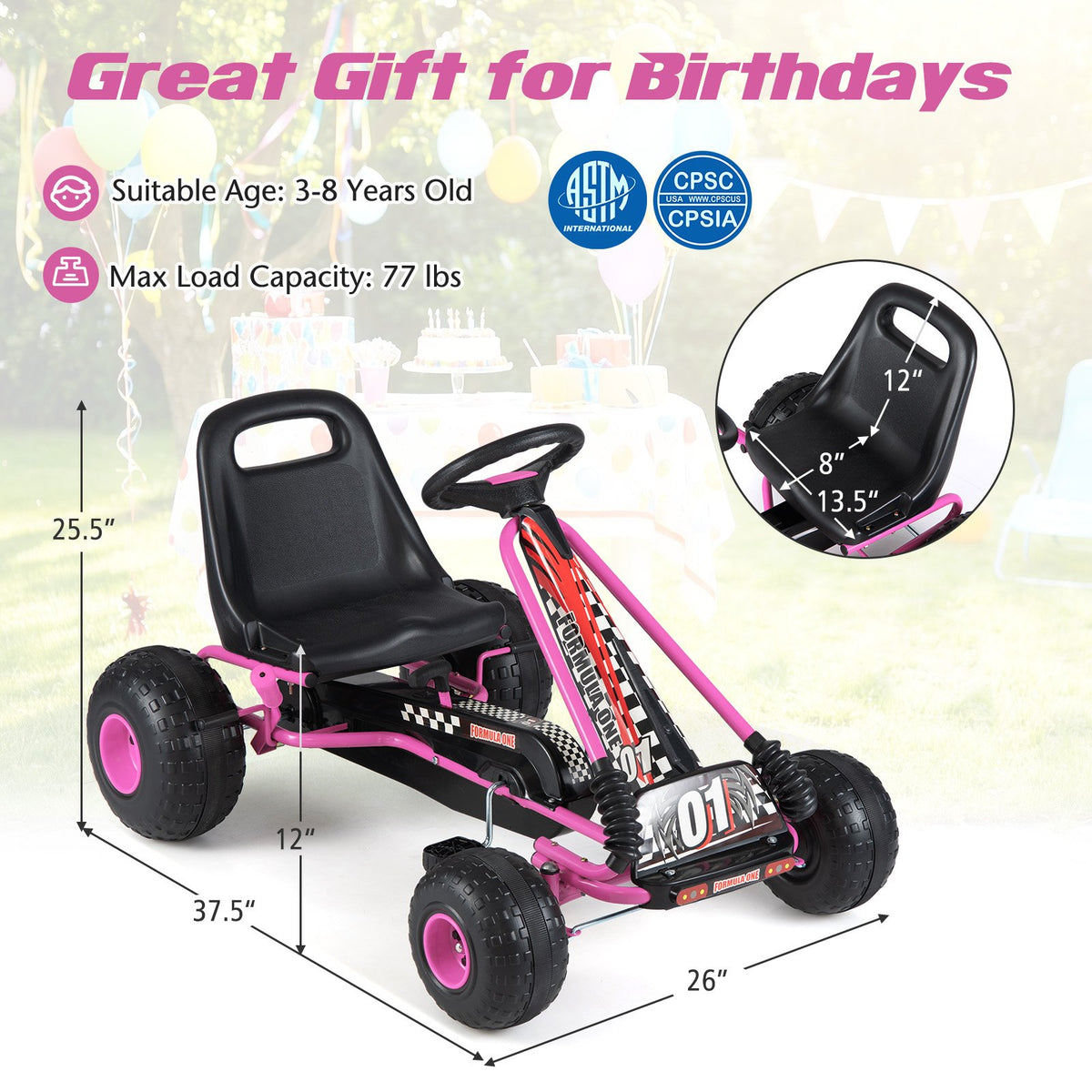 Go Kart for Kids 4 Wheels Pedal with Adjustable Seat and Multi-Terrain Wheels-Pink view 5