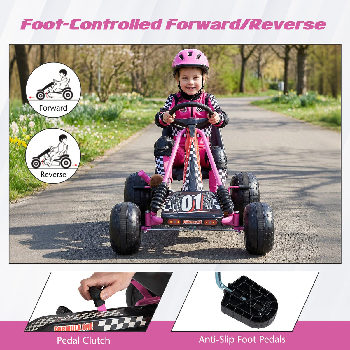 Go Kart for Kids 4 Wheels Pedal with Adjustable Seat and Multi-Terrain Wheels-Pink view 8
