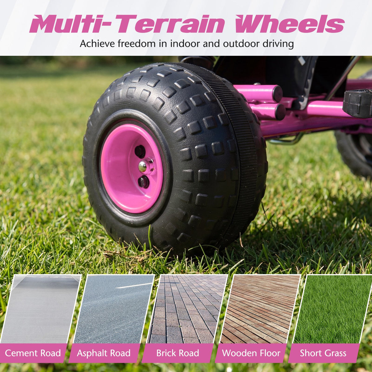 Go Kart for Kids 4 Wheels Pedal with Adjustable Seat and Multi-Terrain Wheels-Pink view 9