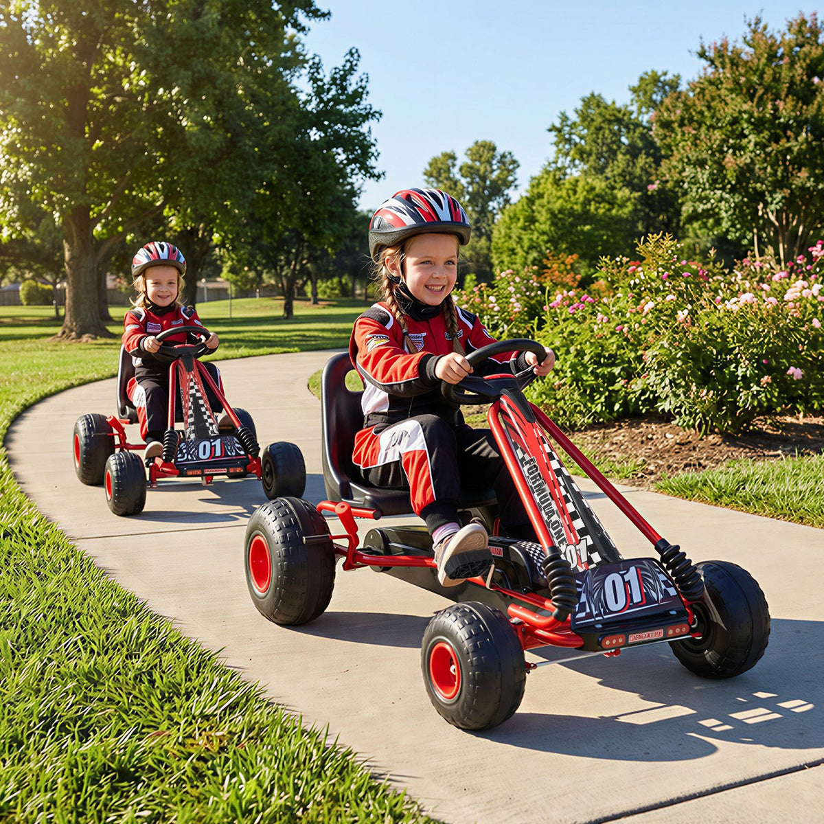 Go Kart for Kids 4 Wheels Pedal with Adjustable Seat and Multi-Terrain Wheels-Red view 2