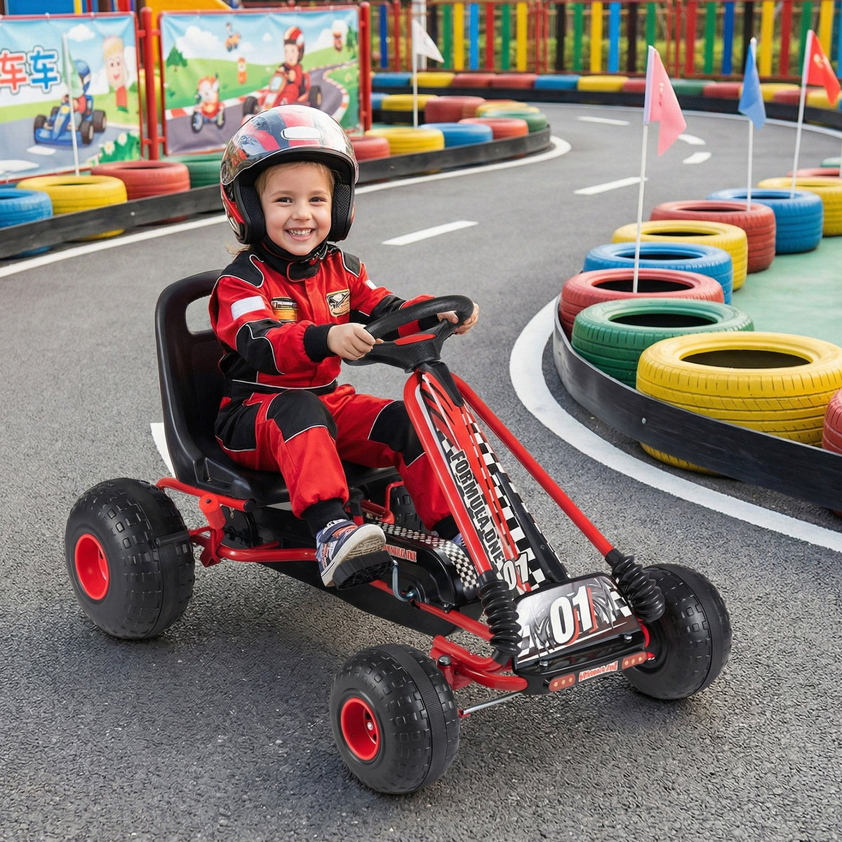 Go Kart for Kids 4 Wheels Pedal with Adjustable Seat and Multi-Terrain Wheels-Red view 3
