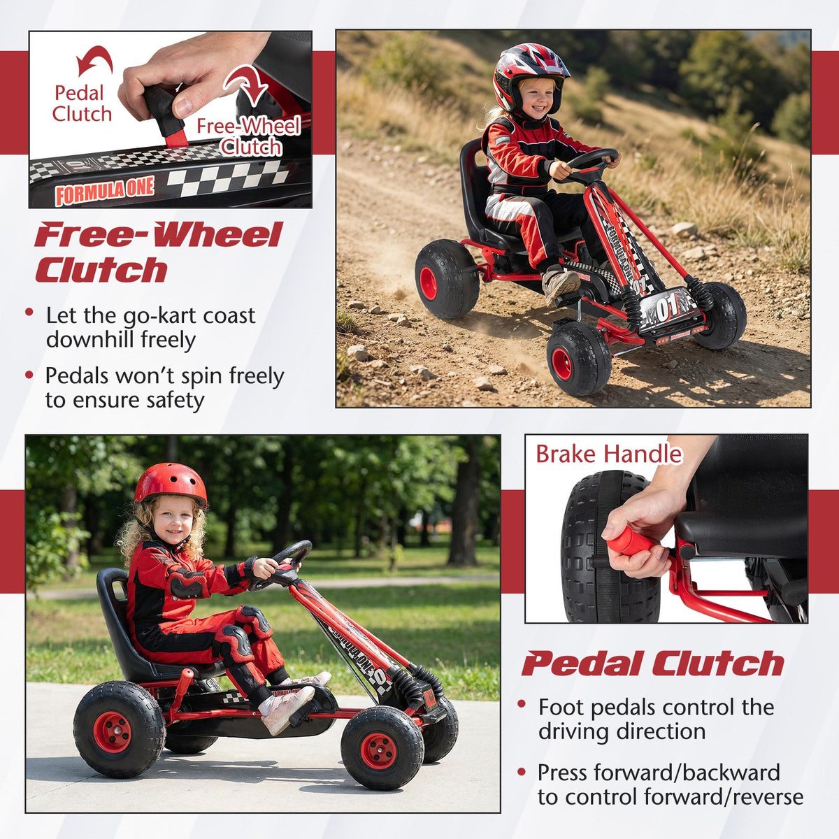 Go Kart for Kids 4 Wheels Pedal with Adjustable Seat and Multi-Terrain Wheels-Red view 7