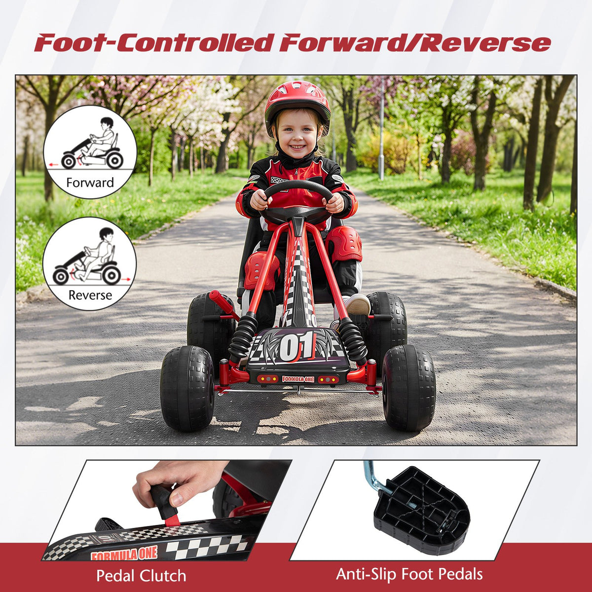 Go Kart for Kids 4 Wheels Pedal with Adjustable Seat and Multi-Terrain Wheels-Red view 8