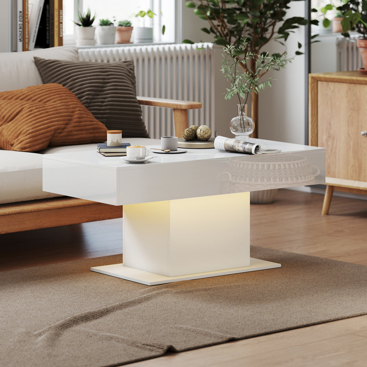 Extendable Coffee Table with LED Lights, Modern High Gloss Center Table with Hidden Storage for Living Room, White