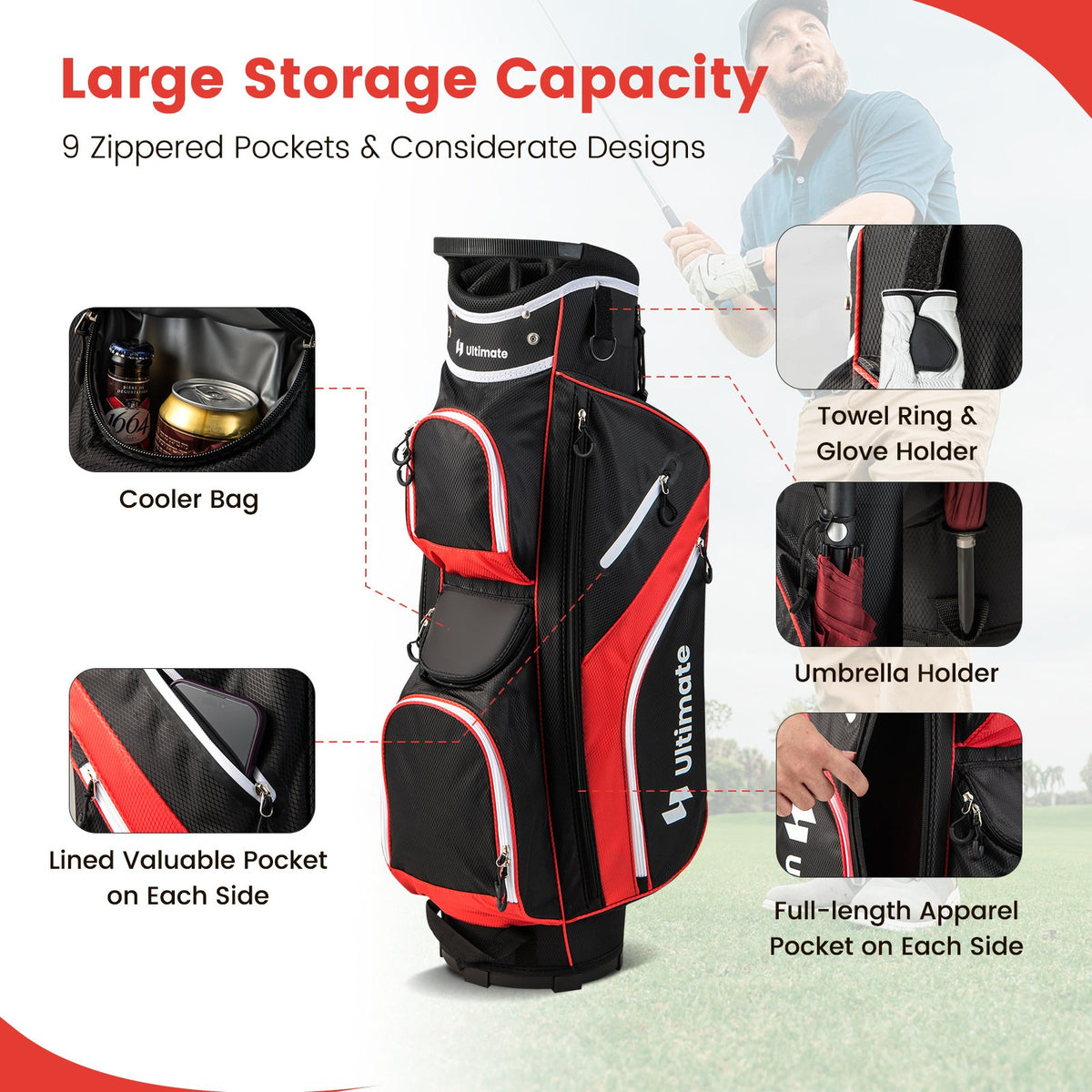 Golf Cart Bag with 14 Way Top Dividers-Red view 6