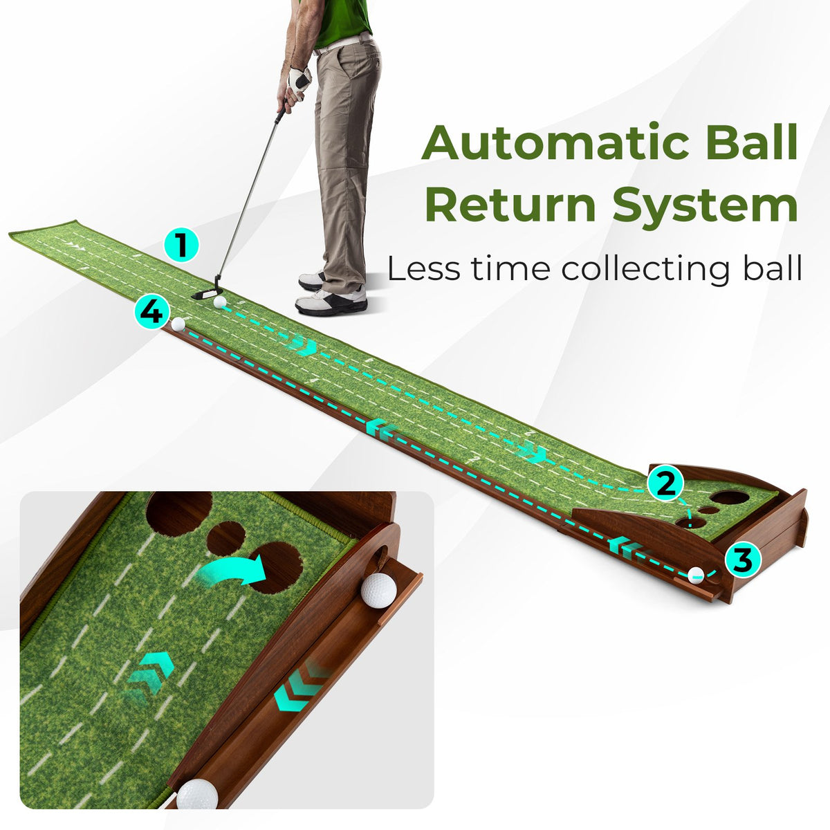 Golf Putting Mat Practice Training Aid with Auto Ball Return and 3 Hole Sizes view 7