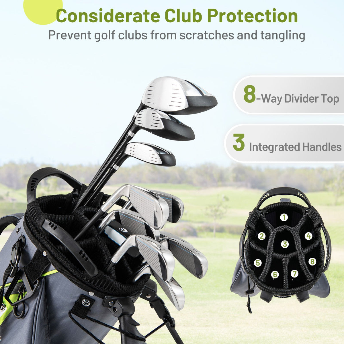 Golf Stand Bag Lightweight Golf Bag with 8 Way Top Dividers and 5 Zippered Pockets-Gray view 5