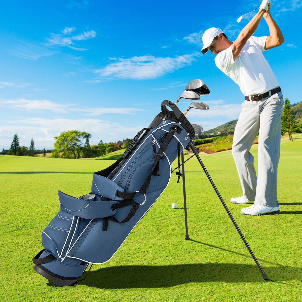 Golf Stand Cart Bag with 4 Way Divider Carry Organizer Pockets-Blue view 2